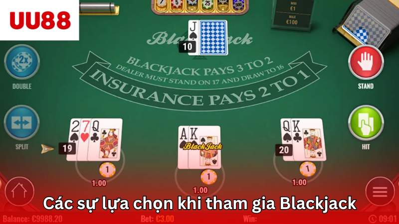 Các sự lựa chọn của người chơi khi tham gia casino Blackjack